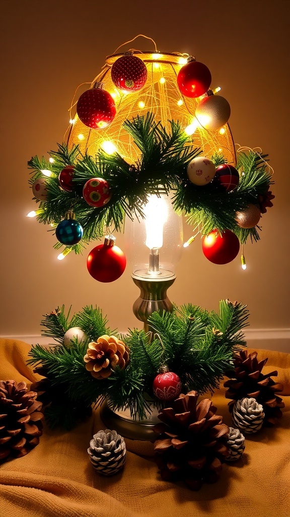 A Christmas lamp decorated with lights, ornaments, and garland, creating a warm holiday ambiance.